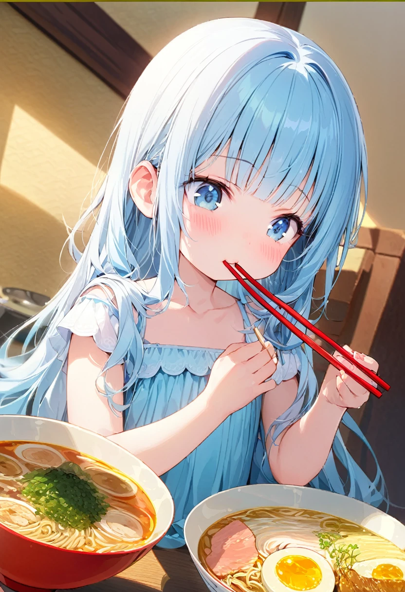 masterpiece, best quality, extremely detailed, (illustration, official art:1.1),adorable face、 1 girl ,(((( light blue long hair)))),pale blue hair,, long hair、 ((blush)) , cute face, big eyes, masterpiece, best quality,(((((a very delicate and beautiful girl))))),Amazing,beautiful detailed eyes,blunt bangs((((little delicate girl)))),tareme(true beautiful:1.2), sense of depth,dynamic angle,toddler,, affectionate smile, (true beautiful:1.2),,(tiny 1girl model:1.2),)flat chest、,solo,1girl,long skirt,ramen,chopsticks,eating,
