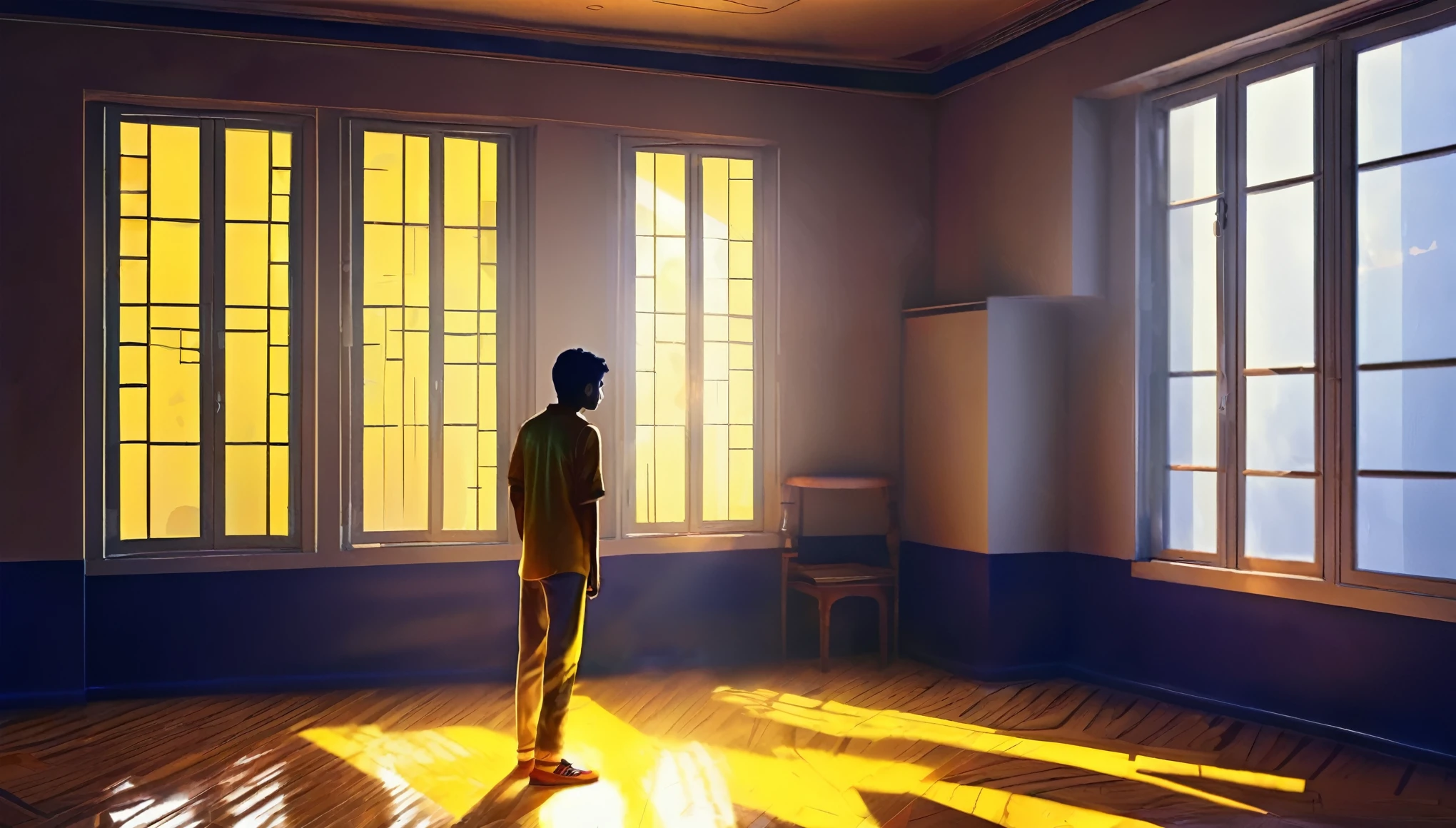 A young indian young man standing near a window, light rays falling on him and light rays falling on the room floor, the boy is deeply thinking about something,digital art, navy blue theme and bright yellow rays of light 