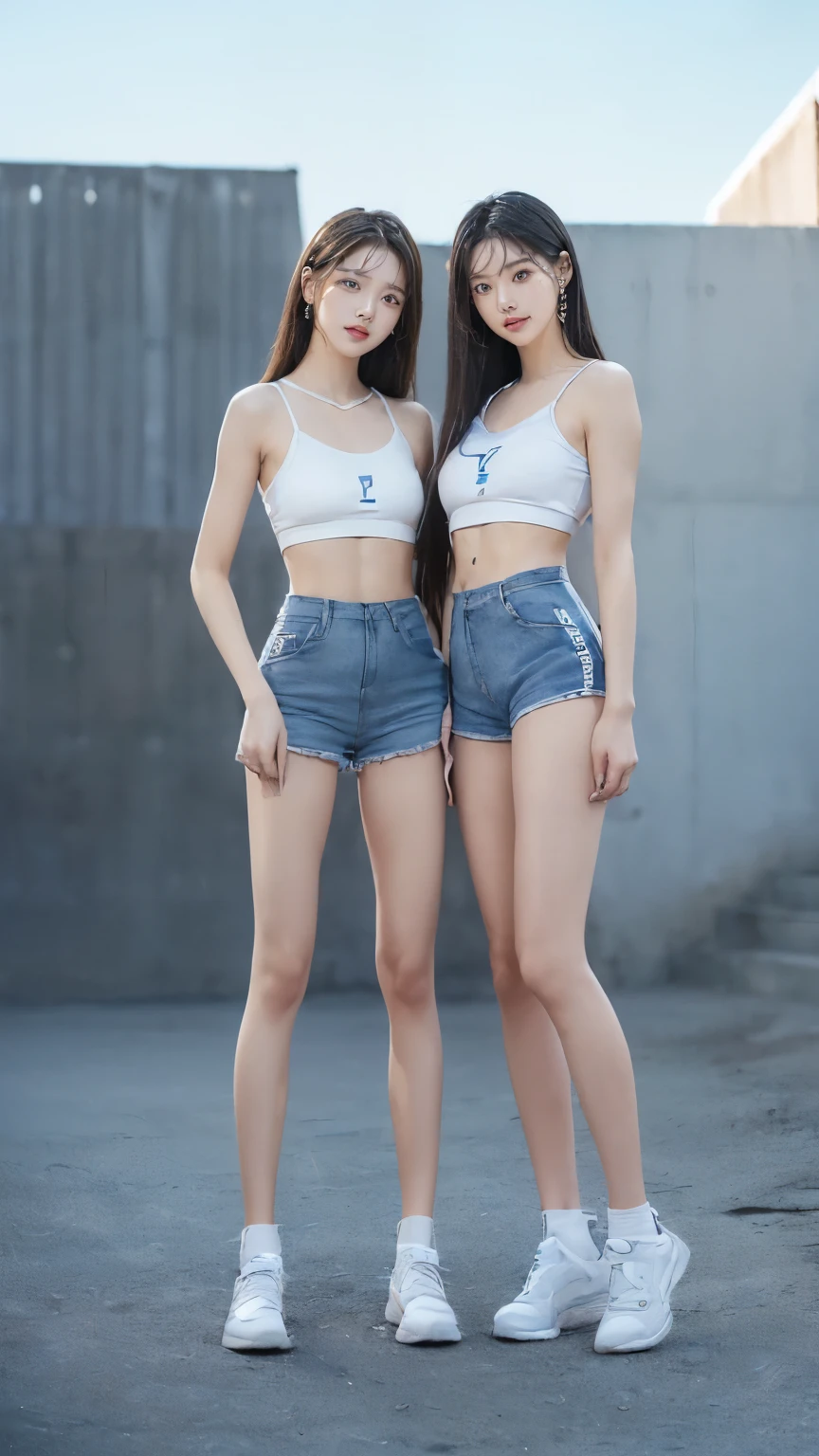 (8K、Raw photo、最high quality、masterpiece:1.5),(((((((Both of them stand with their legs apart:1.9))))))),(((((Both of them have an inseam that is more than half their height.:1.8))))),((Both have bare legs:1.6)),((Both of them are super slim:1.4))，(((((Two girls who look just like WONYOUNG from the k-pop group IVE were photographed:1.9))))),(((They both have super skinny legs:1.6))),(((Both are 173cm tall:1.4))),((Perfect k-pop IVE WONYOUNG style duo:1.4)),(((((Both of them take full body shots:1.8))))),((((Both of you should face your whole body straight ahead.:1.8)))),(((Photographed from below to show the whole body of the legs so that they look longer.:1.7))),Skin irregularities are reproduced in minute detail:1.4, (Super thin waist: 1.2),((超Thin thighs:1.3)), Thin buttocks,Open the navel,１Detailed reproduction of the navel,((Perfect super slim legs:1.3)),(((both of them are the same height:1.3))),(((Both of them have amazingly slim figures.:1.2))),(((Both are wearing micro shorts with a rise of 15cm and an inseam of 1cm.:1.8))),(Both are 16 years old:1.2),((((Both of them are extremely exposed.:1.7)))),(((((Both of them have super-strong abs:1.9))))),((Both of them were wearing short, form-fitting white sports bras.:1.4)),(((Big boobs but no bra:1.4))),(((Both of them had high, erect nipples clearly visible protruding from under their white sports bras.:1.4))),((((Standing in a fashionable theme park on a sunny day:1.4)))),Highly detailed face and skin texture,(Both of you stand with your legs straight and without bending your knees.:1.3),(((They&#39;re both the same height:1.4))),((Both of them look just like WONYOUNG from the K-pop idol IVE.:1.8)), ((((Sunny afternoon:1.3)))),((cute:1.4)),Both are fair-skinned Asians,,Both of them have beautiful eyes,,Both of them have beautiful eyes,,Both of them have beautiful noses, which are realistically reproduced.,Both of them have realistic eyes.,Both have beautiful mouths,((They both have beautiful fingers)),nail,Both of them have beautiful faces.,Both of their beautiful faces are realistically reproduced.,cute,(Ultra-Realistic Details), Natural Shadows,(Very small hips:1.4),Large firm breasts, Super long thighs,(((超Thin thighs:1.2))),(((Super slim calves))),(Both of them have the slender bodies of well-trained track and field athletes.:1.5),(Super muscular body:1.5),Super toned waist,(Super thin waist:1.3),((White high heels:1.2)),lengthen limbs,(((((Shooting the whole body from calf height:1.6))))),(Both of them have slim, toned ankles.:1.2),((((Wide open abdomen:1.5)))),Hands on hips,Both of them face forward,((Both figures have detailed and clear reproduction of the crotch area.)),((Super long legs:1.3)),Thin thighs,((Both of them have bare legs.:1.6)),((Both of them are showing off their legs in a very extreme way.:1.5),((Both of them are showing off their bellies in an extremely extreme way.:1.4),(Black hair ponytail),(Neither of them wears tights or socks.:1.5),((Both of them stand up straight.)),((Keep your hips facing forward:1.5)),2人とも8頭身スタイルBeauty,The ankles are super thin,The arms are very thin and muscular,Make your arms thinner,(((Clearly reproduces the skin texture of the legs down to the finest detail))),Faithfully reproducing the fingers of the hand,(Both of them have super long legs.),(Accurate reproduction of each finger:1.3),(((Each toe is accurately reproduced:1.2))),The middle of the thighs are very thin,(((Clearly reproduces the muscle texture of ultra-muscular and ultra-thin calf skin))),(((超筋肉質な超Thin thighsの肌の筋肉質感を明確に再現する))),(Very tight waist:1.2),((Both of them have an inseam that is more than half their height.の美脚:1.6)),(Extremely thin thighs:1.3),Beauty,Fine skin,Firm skin,(((Both of them should fit from the top of their heads to the toes of their heels.:1.5))),(((They both have super skinny legsの肌を細部まで忠実に再現する))),(Both of them are super muscular and have super thin legs with realistic skin.:1.3),((Realistically reproduces the fine details of toned, slender leg skin:1.3)),((Dazzling Midsummer)),(((Both of them have super-strong quadriceps:1.6))),(((Both of them have extremely well-trained gastrocnemius and soleus muscles.:1.6))),((2人とも超細くてSuper long legs:1.2)),Front lighting,Super detailed, High detail, high quality, Awards,High resolution,(Anatomically correct:1.5)