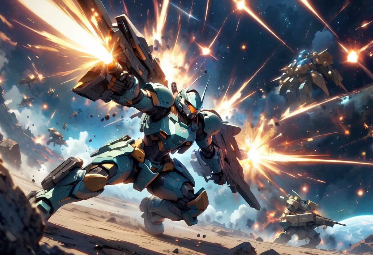 Space soldiers, locked in an intense battle aboard a mothership, defending against an incoming horde of robotic aliens. The soldiers, equipped with advanced armor and futuristic weapons, display courage and determination. Meanwhile, the robotic aliens, devoid of fear or pain, launch an unrelenting attack. Sparks fly everywhere as energy beams ricochet off the metallic interior of the ship. Through the large portholes, the endless expanse of the cosmos can be seen, planets and stars providing a stunning backdrop to this dramatic space warfare.