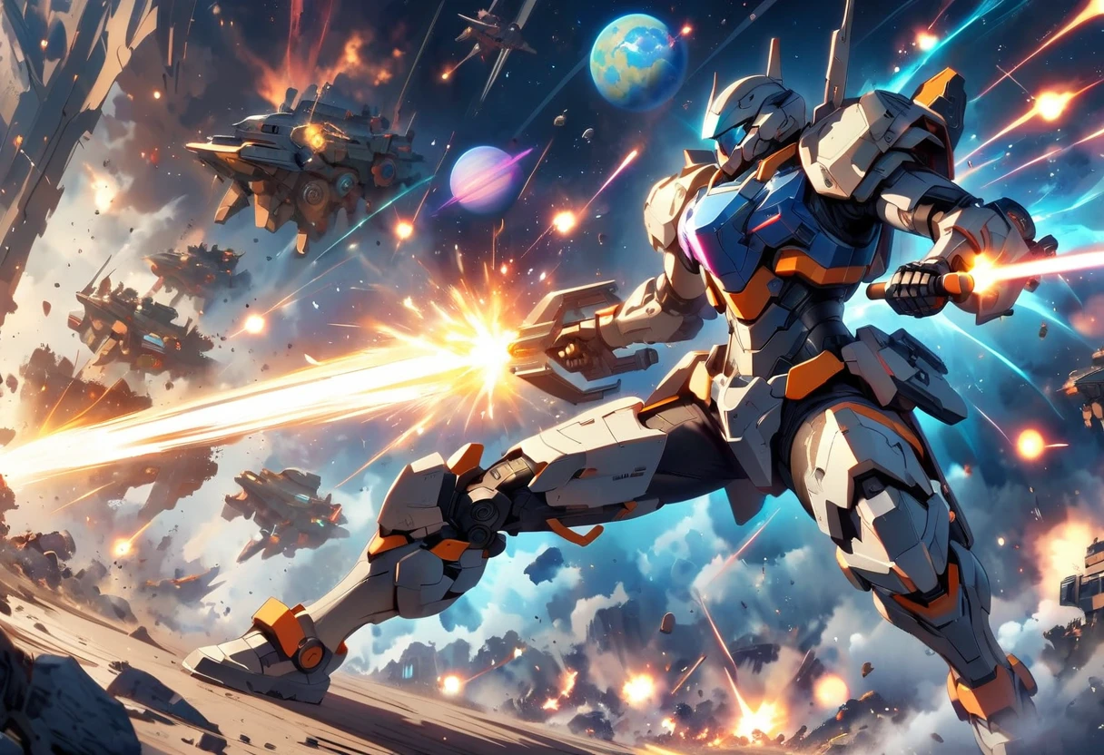 Space soldiers, locked in an intense battle aboard a mothership, defending against an incoming horde of robotic aliens. The soldiers, equipped with advanced armor and futuristic weapons, display courage and determination. Meanwhile, the robotic aliens, devoid of fear or pain, launch an unrelenting attack. Sparks fly everywhere as energy beams ricochet off the metallic interior of the ship. Through the large portholes, the endless expanse of the cosmos can be seen, planets and stars providing a stunning backdrop to this dramatic space warfare.