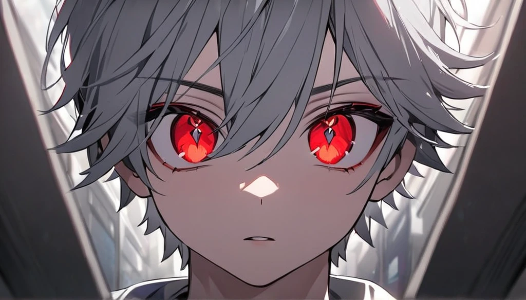Resolution full, boy, very accurate, best quality, masterpiece, from front boy, cinematic lighting, full HD, very sharpener, only showing eyes, focus at eyes, detailed eyes, best art, very accurate, 1boy, man, solo, boy, red eyes, grey hair, red eyes