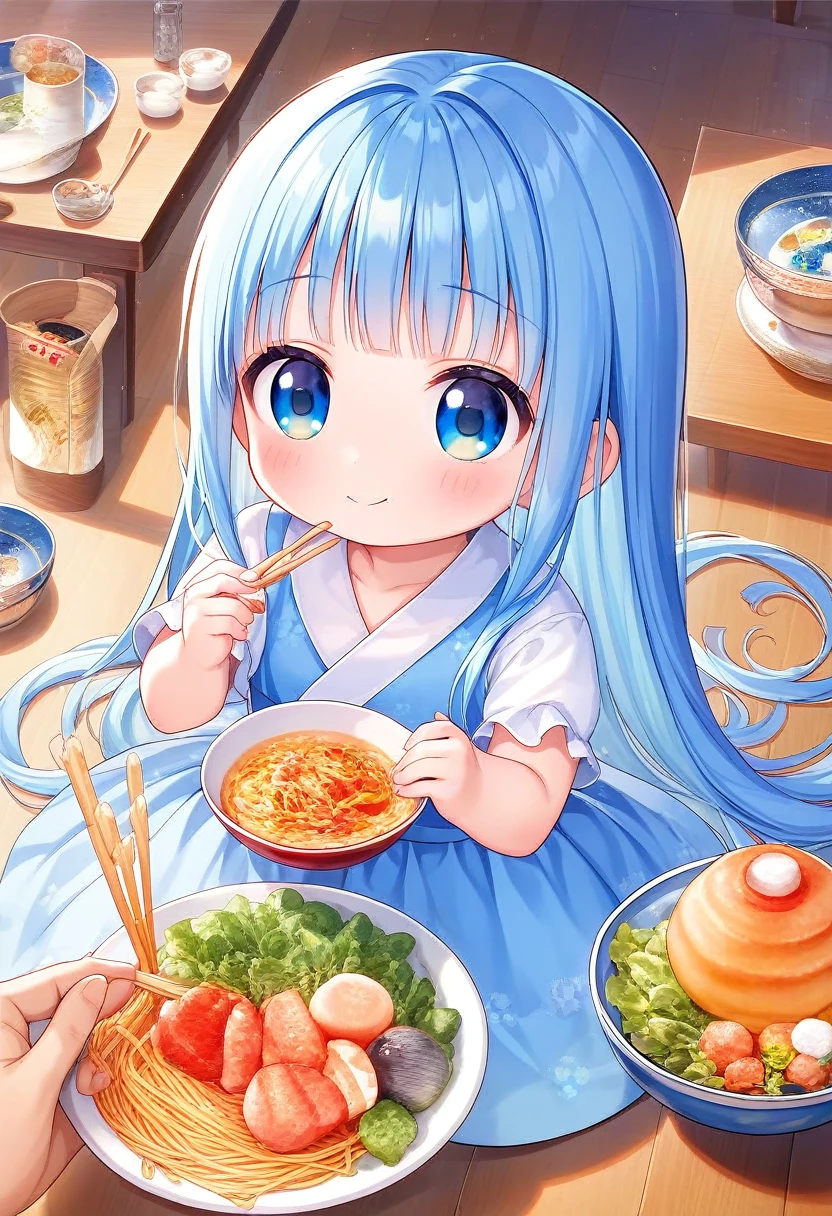 masterpiece, best quality, extremely detailed, (illustration, official art:1.1),adorable face、 1 girl ,(((( light blue long hair)))),pale blue hair,, long hair、 ((blush)) , cute face, big eyes, masterpiece, best quality,(((((a very delicate and beautiful girl))))),Amazing,beautiful detailed eyes,blunt bangs((((little delicate girl)))),tareme(true beautiful:1.2), sense of depth,dynamic angle,ddler,, affectionate smile, (true beautiful:1.2),,(tiny 1girl model:1.2),)flat chest、,solo,1girl,long skirt,,chopsticks,eating, ,kitsuneudon, dining table,, closed mouth,, drinking glass, eating, heart, happy, ,(((udon))), Japanese style rooms, noodles,midjourney, food,chibi