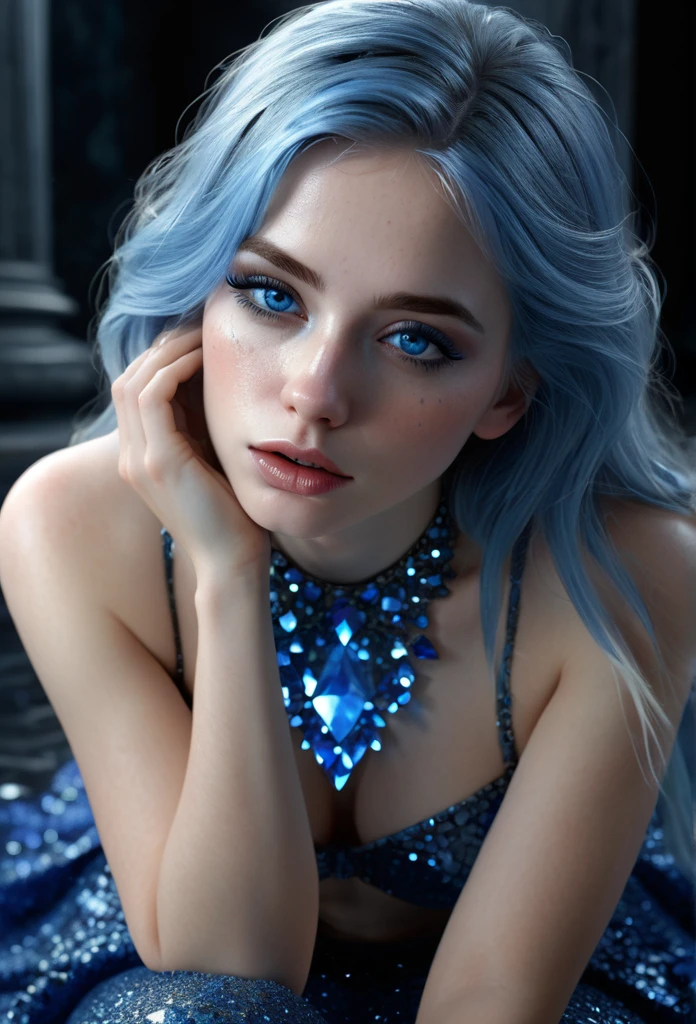 photography, high detail, realistic, masterpiece, HD best quality, perfect face.Artist Mary Jurgens, Starsnits90, Greg Rutkowski Cryengine, Ubisoft))((Kneeling surrounded Sitting with her knees up to her chin. She hugs herself. Her body is covered in Blue crystal tanznite marble glitter. Her big blue eyes (scared features) blue crystal lips. Covered in Blue. Hair long and white
