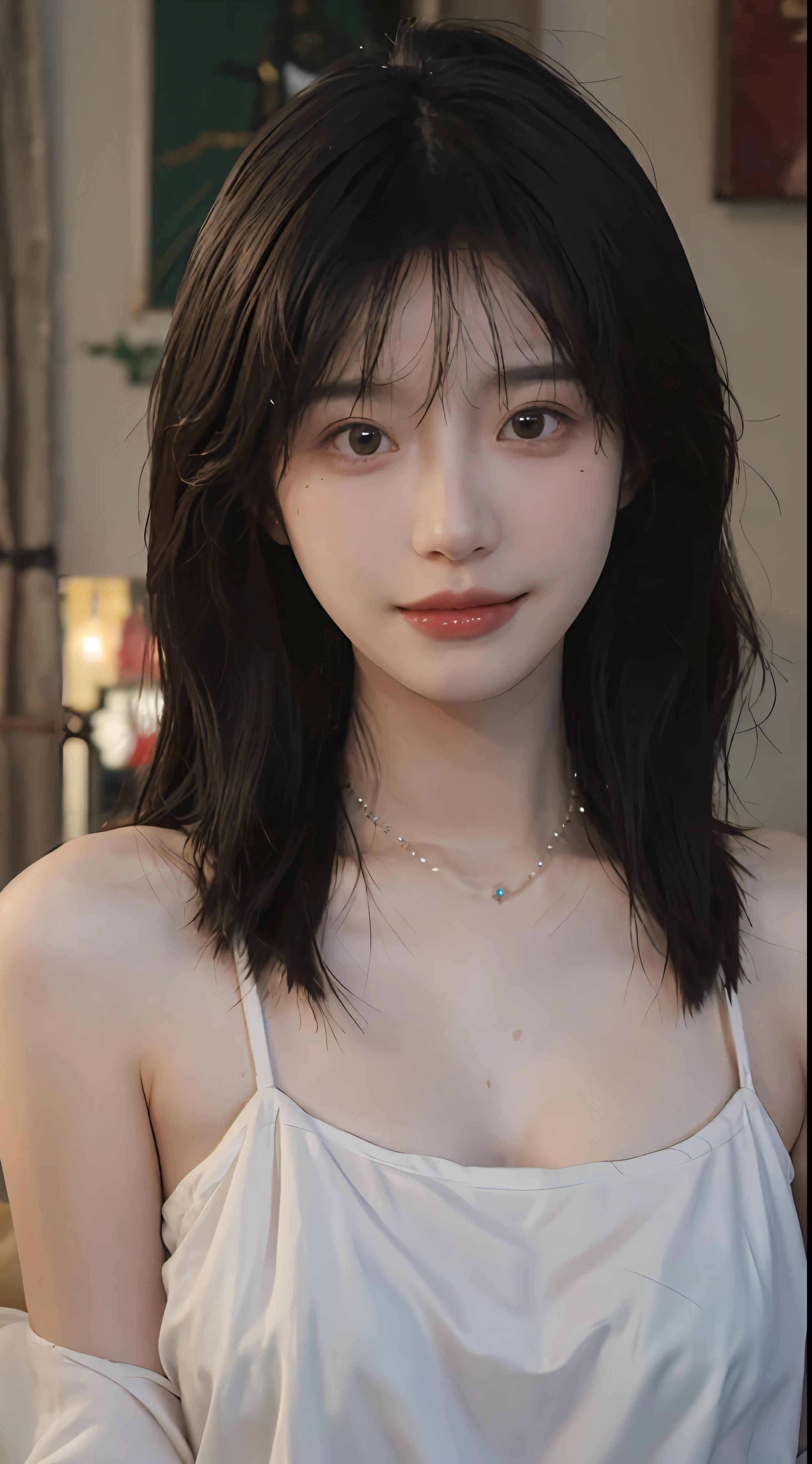 Best quality, Ultra-high resolution, (Realistically:1.4),Cute hairpin,Baoyu girl,European style apartment,(The flattest:1.2) ,A pair of clear and moving peach blossom eyes,Royal sisters,Sunshine on the face,Big wavy hairstyle,(Necklace:1.2),(White skin:1.4),Sense of atmosphere,A beautiful girl, Smile,Look directly at the audience, Close-up cleavage ,(Reality:1.4),1 Girl,Sexy,(Upper Body:1.4),(Wet),(:1.2)
