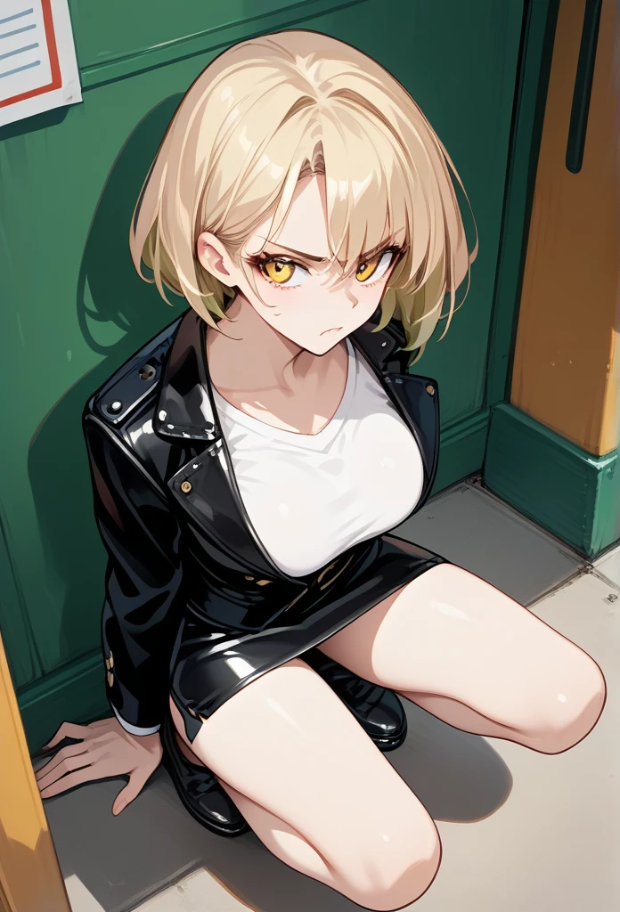 mature woman, mature face, hot face, golden eyes, short hair, blonde hair, annoyed expression, irritated face, mature body, curvy body, big breasts, black leather jacket, white shirt, short skirt, crouching, delinquent pose, behind school building, view from above, under shade