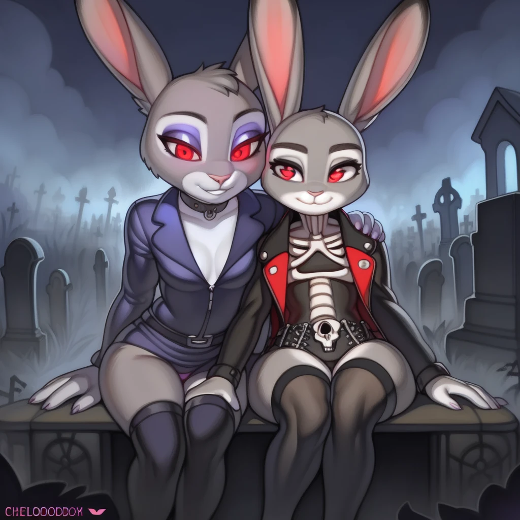 By chelodoy,2 girls, Judy Hopps, goth outfit , stockings, sitting on the skeleton, red eyes, glowing eyes, smirk, holding skull, on the graveyard, fog, night, (detailed face, detailed eyes)