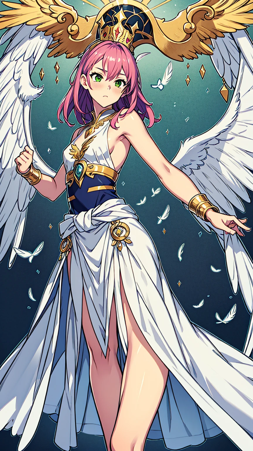 cabelo roxo (purple hair), Greek goddess, sculptural body, super detailed hand, super detailed face, hyper detailed body, No defects, (greeneyes), focused eyes, pretty detailed eyes, pale skin, blushed face, crown on head, long hair, slickedback hair, coiffure, expression of pleasure, fearless stance, partes do fully body, entire limbs, fully body, pink hair, gorgeous fur, high resolution, 4K, lined eyes. fully body, toned thighs, small feet, Waist slender, big-ass, long white dress, small foot, role model, best qualityer, legs open, Point of view, wings with feather