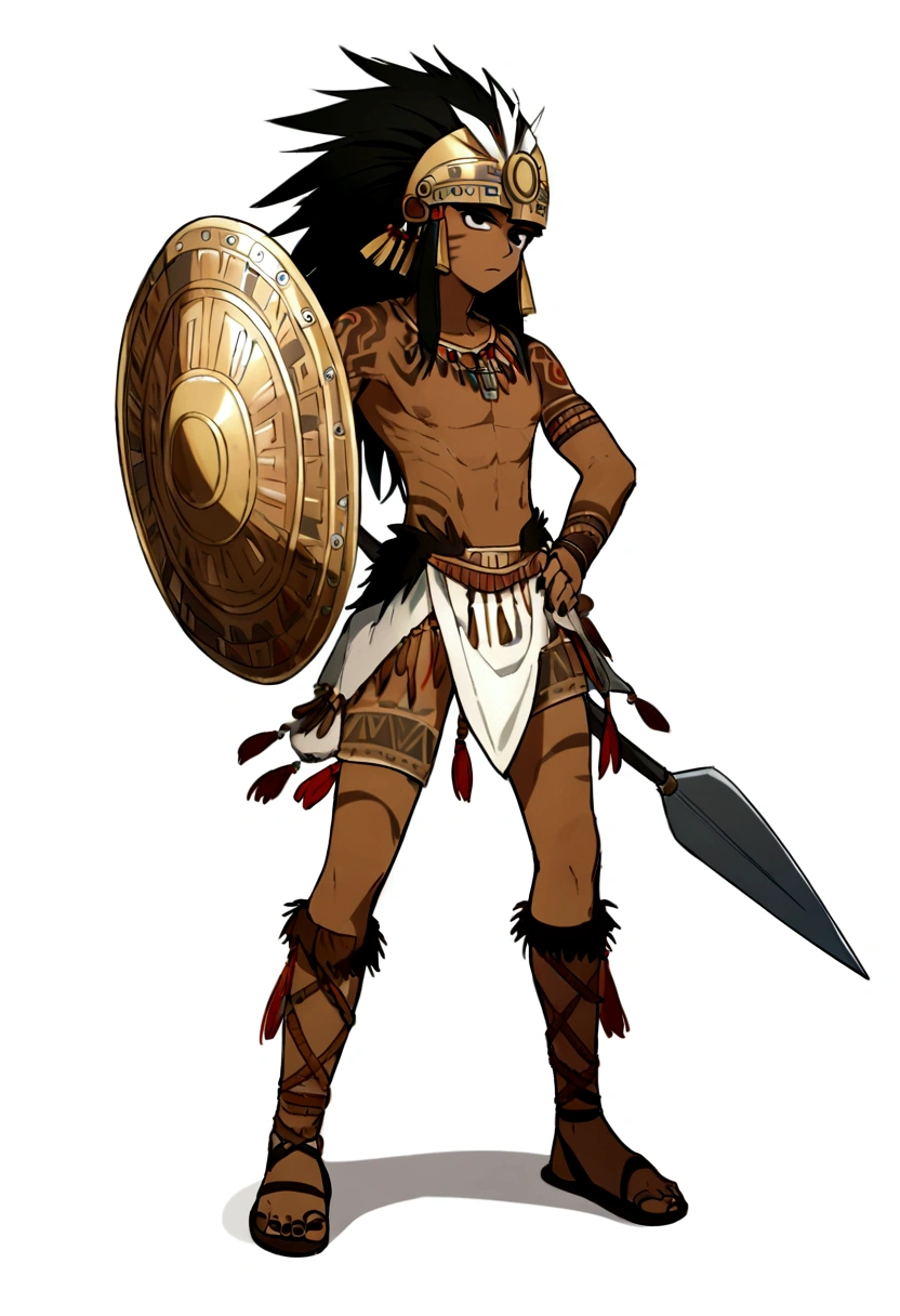 higrres, 4k, 1 boy, joung boy, 15 years old, all lefth arm aztec tatto, solo, bare soulders, full body, nails, black eyes, black hair, aztec weapon, leather sandals, long hair, looking at viewe, male focus, tattoo, aztec shield, aztec, tribal warrior, tribal armor, dark-skin, mask, ((helmet)), standing, war cry, exprexion, jaguar skin, hig resolution kunoichi tsubaki style, white background simple background,