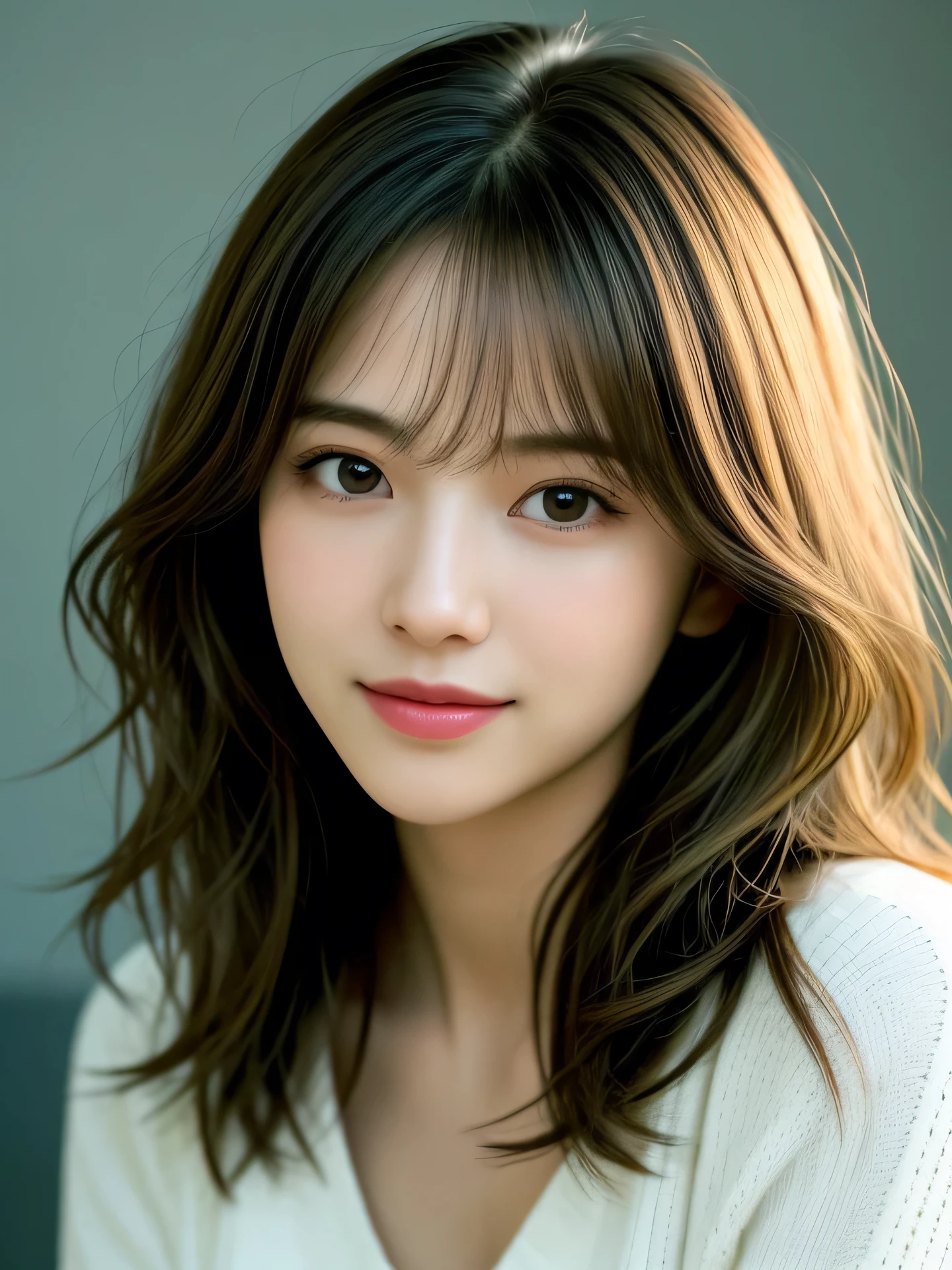 (Photo Real:1.4), (hyper realisitic:1.4), (Smooth lighting:1.05), 1 girl, so embarrassed that I instinctively turned face away, open your mouth to say something, Close-up of the face, Soft lighting, Back lighting, (cheerfulness:1.2), (Finest Real Textured Skins), Narrow-eyed, Super fine face, glowy skin, retinas, Anatomically correct, acurate, (Wavy medium Hair:1.1), bangs, Textured skin, High quality, high details, Best Quality, High resolution, indoor,