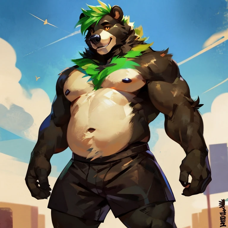 Medium muscular and chubby, black bear, shirtless, in black shorts, Amber eyes, bluish-green mane, bluish-black fur, cream-white fur, By mystikfox61
