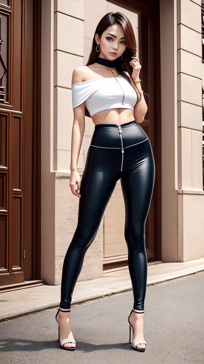 24-year-old female、Sexy proportions、Sexy、Narrow waist、Wear a high-neck zipper-up off-the-shoulder top、Wear colorful leggings、Wear high heels、I&#39;m halfway across a stone bridge over a river in a lush countryside.、Leaning on the railing、View of the river、smile、Beautiful blue sky、Cinematic light effects、Ultra high definition((uhd))、High detail((high detailodel Body Type、Thin, long and beautiful thighs