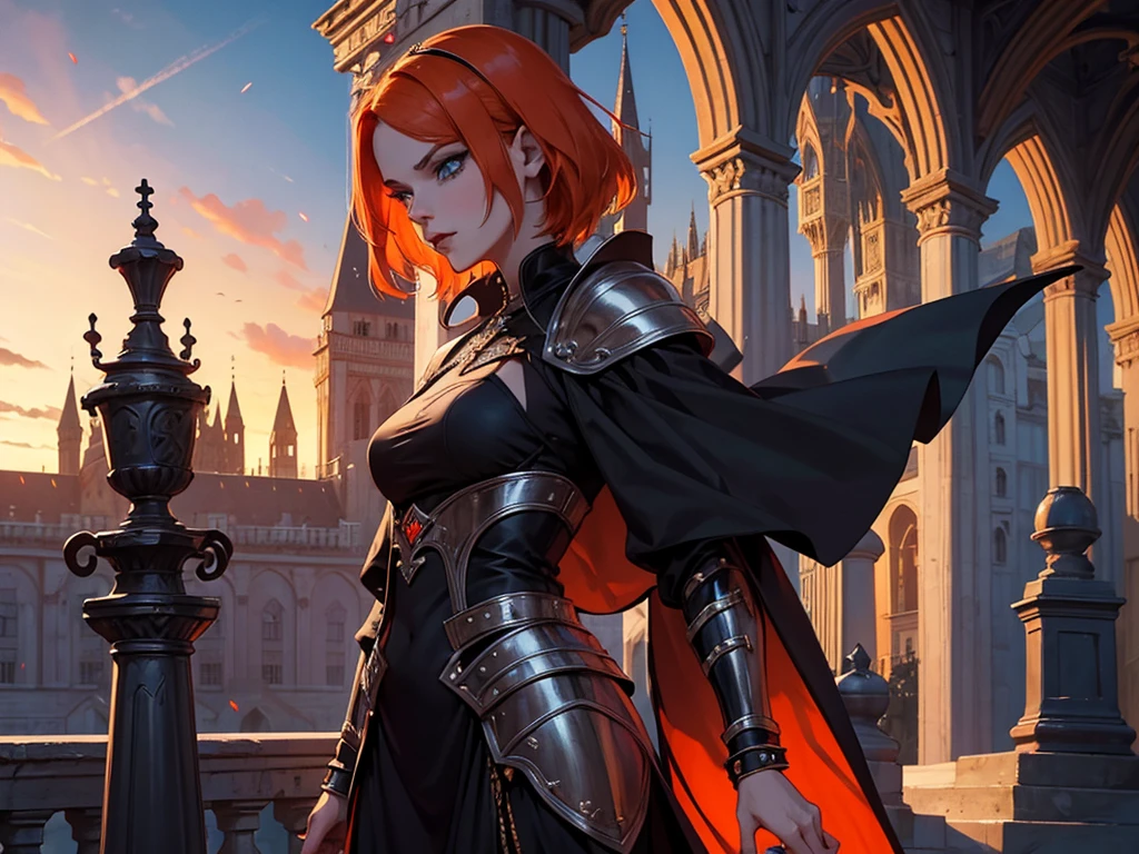 A beautiful and wonderful vampire woman, extremely detailed, short orange hair, wearing extremely detailed gothic armor, blue eyes in medieval public square, palace, crepúsculo, 8k, linda, sacerdotisa, crepúsculo, entardecer, vampira, elmo, capuz, faixa