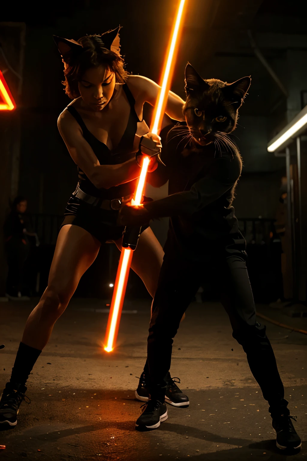 A black cat and an orange cat fighting with lightsabers