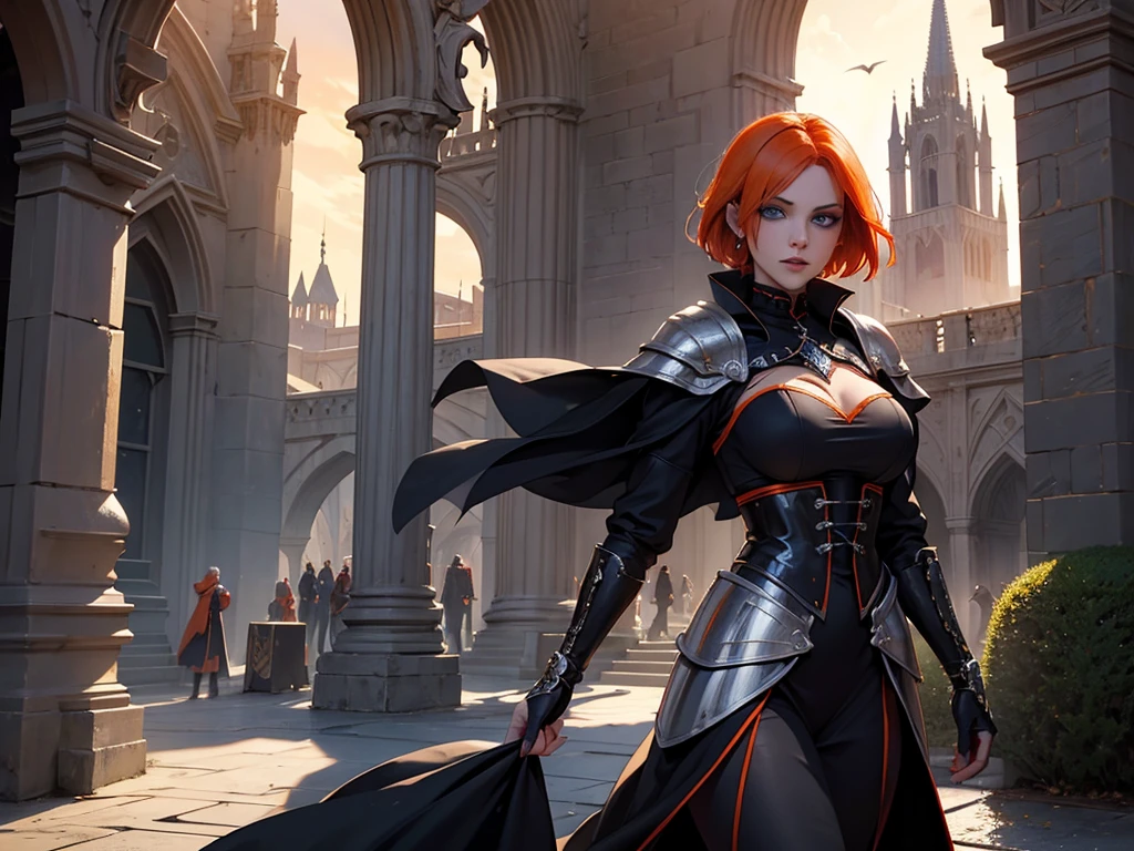 A beautiful and wonderful vampire woman, extremely detailed, short orange hair, wearing extremely detailed gothic armor, blue eyes in medieval public square, palace, crepúsculo, 8k, linda, sacerdotisa, crepúsculo, entardecer, vampira.