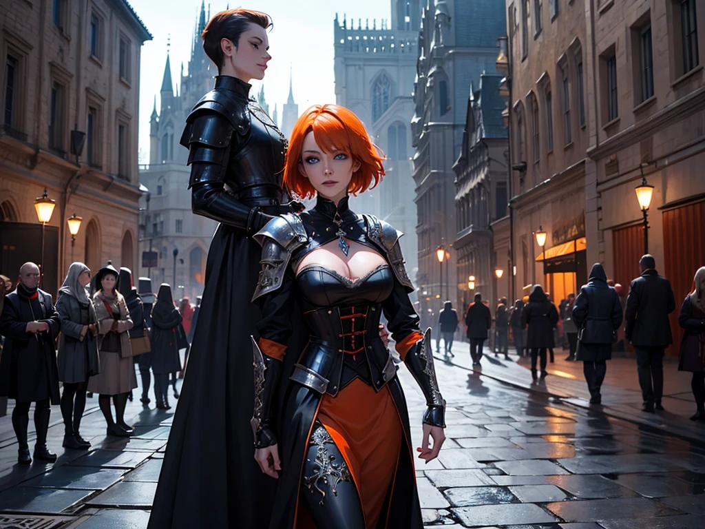 A beautiful and wonderful vampire woman, extremely detailed, short orange hair, wearing extremely detailed gothic armor, blue eyes in medieval public square, palace, crepúsculo, 8k, linda, sacerdotisa, crepúsculo, entardecer, vampira.