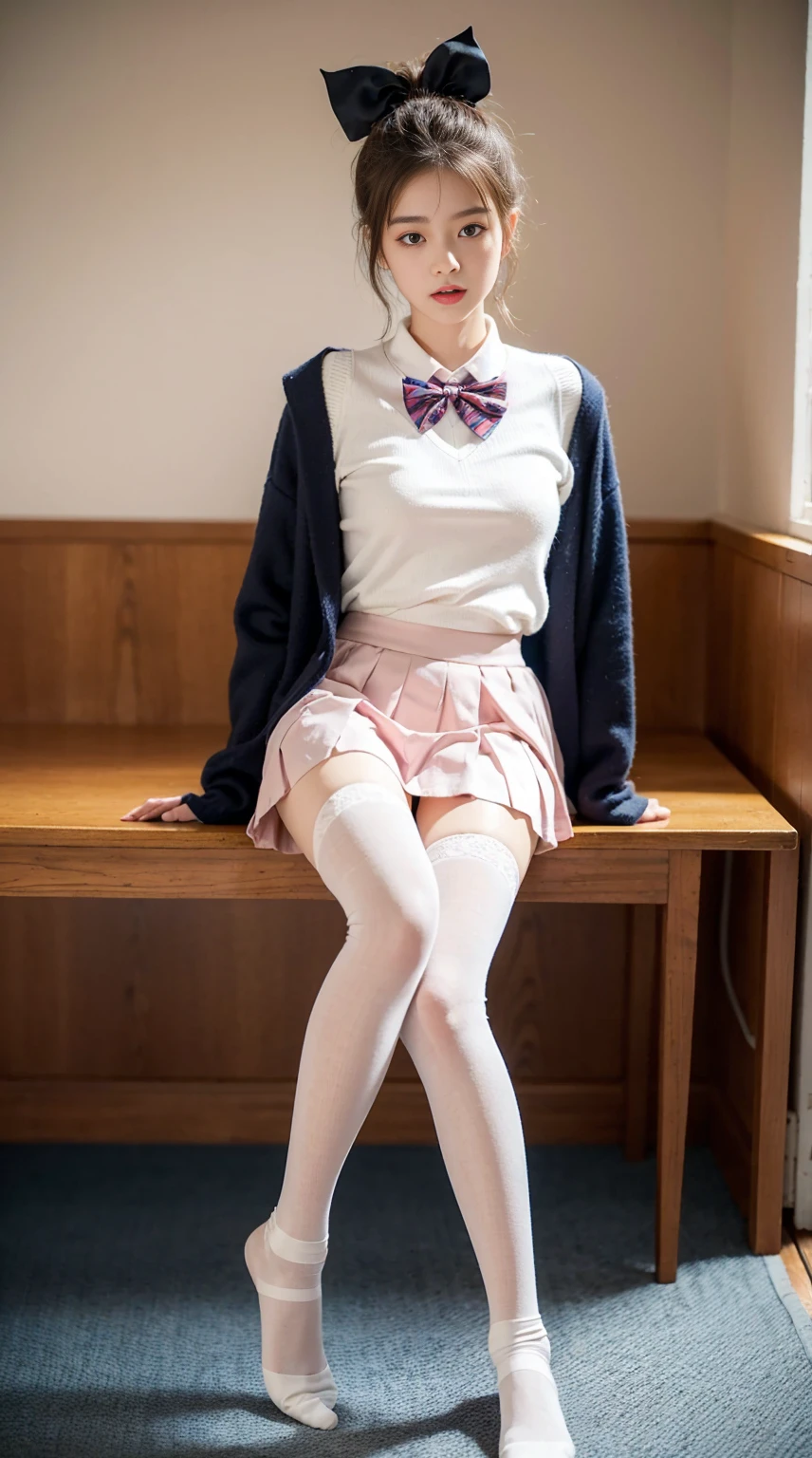 highest resolution、High level image quality、8K、true due diligence、원시 picturegraphy、top quality、masterpiece、table top、erotic、student、I like pink,white skin,knee,(black pantyhose),detail panties pattern、panties focus、pink panties、small panties、absurd,small face、 giant、중간에서 앞head 분리、The forehead is visible,(cold expression<꽉 It looks like,It looks like부심,Optimize,Thin anger)、masterpiece,top quality、Super high resolution A,원시 picture,wren,beautiful excrement,One, solo,dark expression,,whole body、Very good、JK ,High school girls,japanese women,stand,(photorealistic:1.37)、photon mapping,light blue ribbon,realistic、귀여운 small face,갈색 It looks like、Black socks、22 years old、(red bow tie)、radio city、physics based wrendering(physics based wrendering(물리 기반 wren더링))、Panorama、depth of fieldlurry background、picture,feminine,beautiful bridge, long legs, thin legs,long bob cut,(앞head가 보인다), head, Lips, blue_It looks like, cosoft,(pink shirt), (navy pleated skirt), Navy blue Uniform Jacket、white sweater vest、knee이 다,thin clothes,, femur, black cotton socks,Nogizaka Idol, , Japan's island、반짝이는 It looks like、이는 Lips、