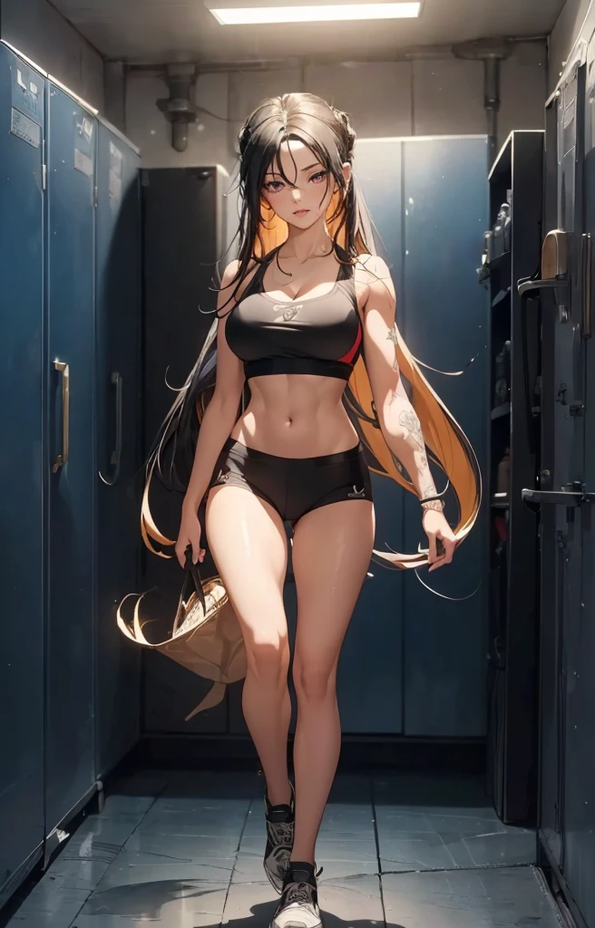 ((1girl, solo)), beautiful body, (perfect anatomy, perfect body, perfect hands, perfect legs), natural proportions, sexy body, large breasts, abs, muscular female, ((full body, full body front)) BREAK
((extremely detailed face)), (beautiful detailed eyes:1.6), (realistic pupils, realistic iris:1), expressive eyes, looking at viewer, (clear eyes:1.3), (hyperrealistic:1.2), (detailed skin texture:1.2), smooth skin, yor briar, ((black hair:1.5), (red eyes), long hair, ((little smile)), (detailed lips:1.2), (attractive lips:1.1), (glossy lips:1.1), (parted lips), perfect face, perfect eyes BREAK
(sports bra), buruma, ass visible through thighs, shoes, (black sportswear), black shorts, midriff BREAK
(masterpiece:1.5), anime-style, top quality, best quality, (beautiful and aesthetic:1.2), (ultra detail:1.5), Ultra-detailed depiction, Ultra-precise depiction, extremely detailed 8k illustration, high resolution, (highly detailed shading:1.2), (realistic lighting:1.4), perfect lighting, vibrant colors, dynamic tones, striking hues, 8k, absurd resolution, perfect shadows, hdr, UHD, ambient lighting, realistic, ultra-realistic, photo realistic, highly detailed, rich detail, luminous colors, fine texture, intricate design, professional illustration, (soft light:1.2), (illustration:0.7)