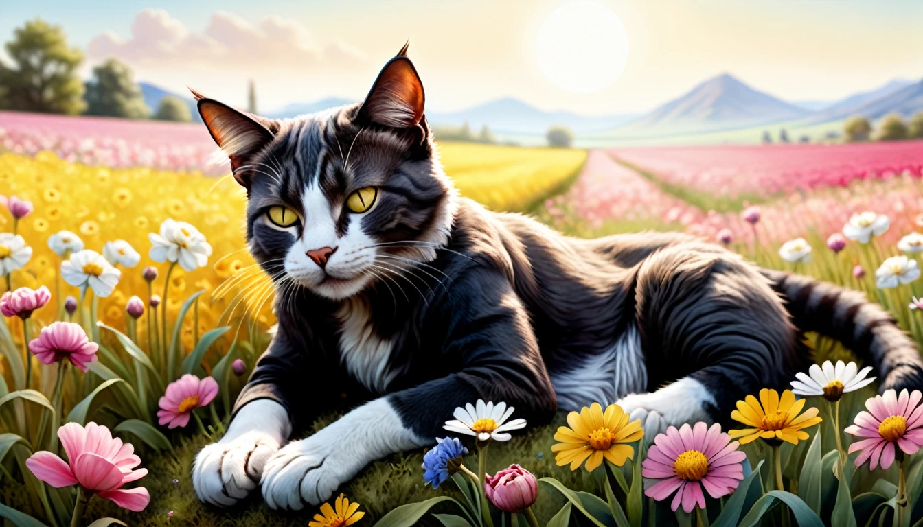 (photography style), anthropomorphic,
cute cat, casual clothes, napping in a bright flower field, calm expression,
2D, colorful, warm atmosphere, glossy, Jean-Baptiste Monge style, Alan Lee style