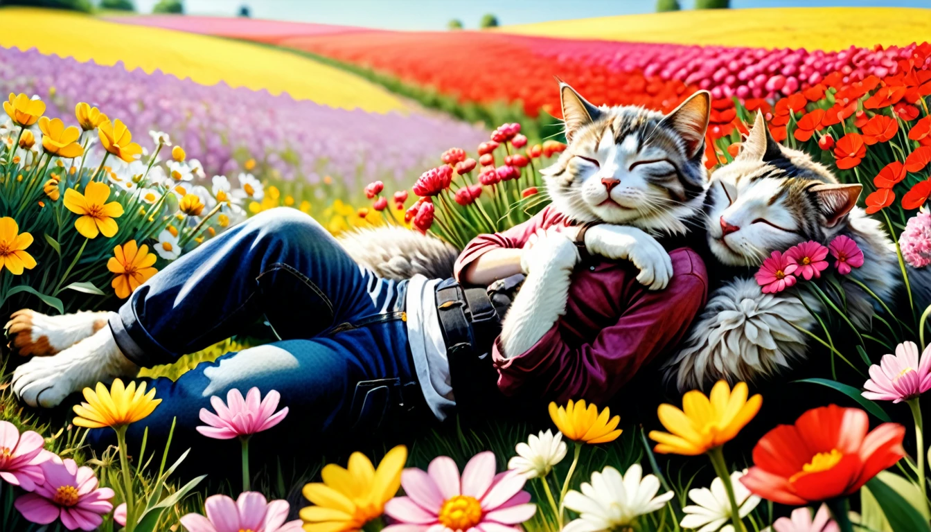 (photography style), anthropomorphic,
cute cat, casual clothes, napping in a bright flower field, calm expression,
2D, colorful, warm atmosphere, glossy, Jean-Baptiste Monge style, Alan Lee style