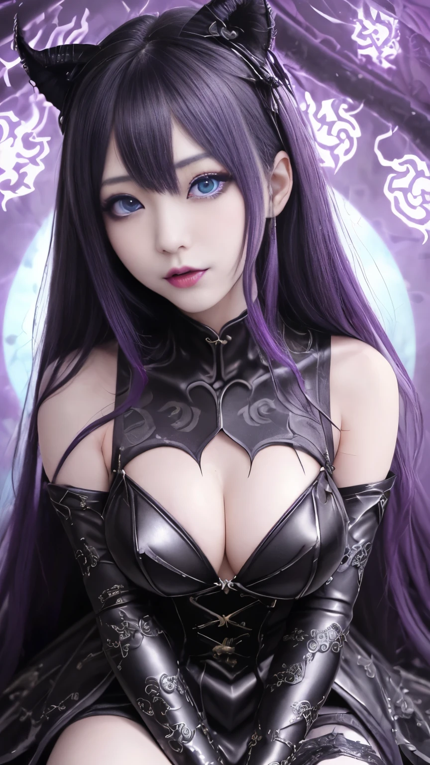 強力なスーパーevil女がクローズアップでポーズをとる, Black Goddess (Bare shoulders), length, Flowing purple hair, View your viewers, Highly detailed face, Perfect hands, Blue smoke swirling around her, evil事を愛する, Captivating blue eyes, Dark fantasy, Genuine, Symmetric, High detail, Esoteric arachnids lady, Spider Queen Elise, League of Legends, Esoteric arachnids, Combat Stance, ( body formed from metallic mauveine and metallic black liquid metallic paint twisting into a beautiful interpretation of the female figure), length, Sharp Fangs, nature, ((Complex metallic colors in the foreground)), (( Fluid Mechanics, The most beautiful smooth scale face makeup, Smirking expression)) - Dark blood, Onyxia、Noir painting of a beautiful young witch, length purple hair, dark purple lips, evil, evil female, smile, Black Prom Dress, She is coming to you, close, Bright Blue Eyes, Surrounded by swirling pink smoke, Genuine, High detail, Highest quality、A beastly demon wields a vicious blade, Blood Chain, Behemoth Bones, Snake-like tentacles, Cruel Teeth, Expressions of madness, Oppressive Dungeon. 8K Vision Reveals Fear, Ultra HD detail makes monsters stand out, Grotesque shadows dance, The creature whispers, Stifling atmosphere, Vision problems, Visible Madness. blade, evil意の閃光が輝く, reflect (Light) Beyond the Darkness, Elucidate (Sharp details) and、Add a dizzying dimension to the impending chaos.