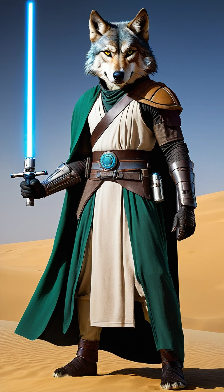 A captivating wolf-human hybrid Jedi Knight, a unique and powerful being that has embraced the ways of the Force. Standing tall with a lean yet muscular physique, the hybrid's body is covered in a blend of fur and flesh, the fur a striking shade of silver-blue that reflects the light of the twin suns of Tatooine, giving off an ethereal glow. The wolfish features are prominent, with piercing yellow eyes, pointed ears, and a long snout that extends into a strong jawline. The creature's arms are adorned with intricate tattoos that swirl and pulse with the energy of the Force, hinting at a deep connection to the ancient Jedi order. A flowing cape of the same fur color as its body drapes over broad shoulders, adorned with the insignia of the Jedi knights. In one hand, the hybrid wields a lightsaber, its blade a mesmerizing mix of blue and green, the colors of both the Jedi and the wolf's spirit animal. The lightsaber's hilt is an elegant fusion of organic and mechanical elements, wrapped in leather and bone, symbolizing the dual nature of the wielder. The background is a desolate landscape, with sand dunes stretching into the horizon, suggesting a journey filled with challenges and self-discovery. The stance of the wolf-Jedi is firm, yet graceful, as if poised to leap into battle or mediate peace between warring factions. The overall composition is suffused with a serene aura, the soft light of the setting suns casting long shadows and highlighting the fur's texture, creating a scene that is as awe-inspiring as it is mysterious, leaving the viewer to wonder about the epic tales that this extraordinary creature must hold within its soul., sci-fi