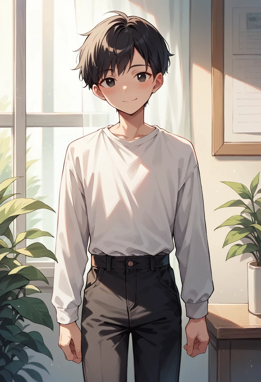 score_9, score_8_up, score_7_up, score_6_up, solo, straight hair, short hair, black hair, black eyes, white shirt, long sleeves, black pants, indoors, standing, looking at viewer, blush, smile