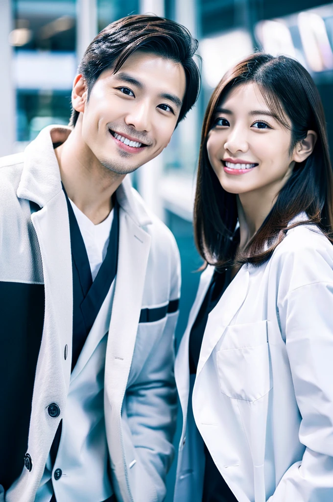 Male dentist and female dental hygienist 2people A good business partner 日本people Handsome Men and Beautiful Women Doctor wearing a white coat Upper body close-up high resolution high resolution Highest quality smile Wear black scrubs