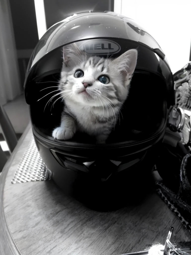 there is a kitten that is sitting in a helmet on a table, wearing his helmet, wearing a helmet, A cat with a spiked helmet, wearing helmet, without helmet, wearing a helmet redondo, astronaut cat, gatito cyborg, helmet on, the cutest kitten ever, holding helmet, helmet on face, The helmet is off, Hull view, without helmet!!!!