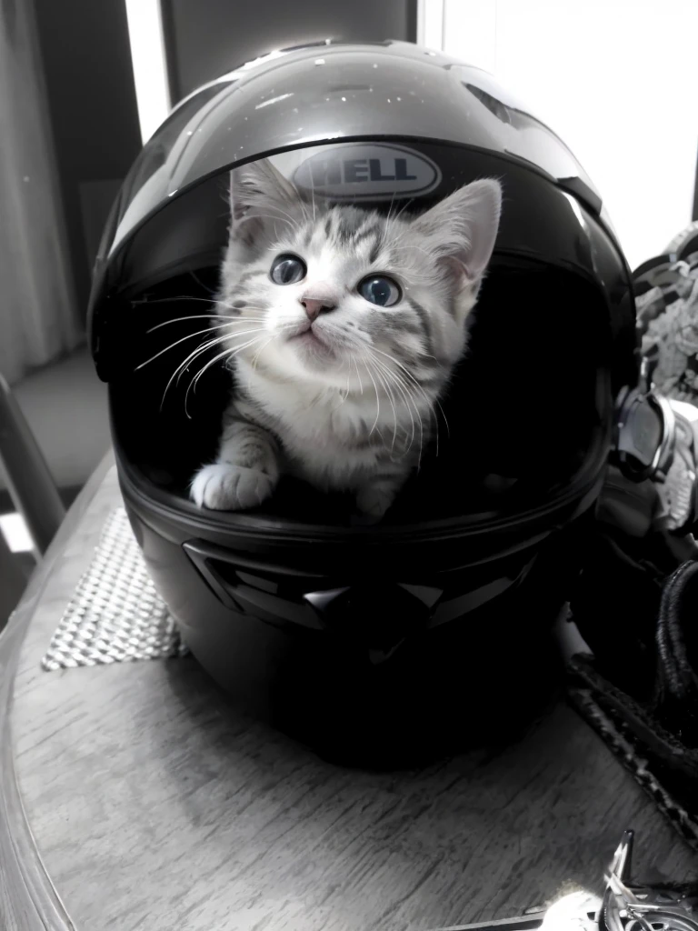 there is a kitten that is sitting in a helmet on a table, wearing his helmet, wearing a helmet, A cat with a spiked helmet, wearing helmet, without helmet, wearing a helmet redondo, astronaut cat, gatito cyborg, helmet on, the cutest kitten ever, holding helmet, helmet on face, The helmet is off, Hull view, without helmet!!!!