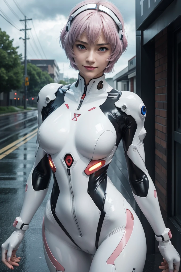 Evangelion,Rei Ayanami,Ultra HD,super high quality,masterpiece,Digital SLR,Photorealistic,Detailed details,Vivid details,Depicted in detail,A detailed face,Detailed details,Super Detail,Realistic skin texture,Anatomical basis,Perfect Anatomy,Anatomically correct hand,Anatomically correct fingers,Complex 3D rendering,Sexy pose,Rainy Sky,Beautiful scenery,Fantastic rainy sky,Picturesque,Pink Lips,smile,