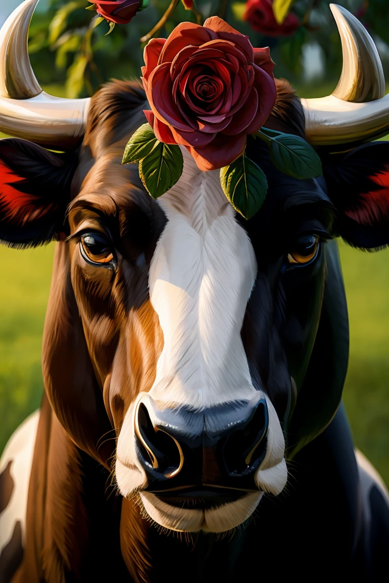 Cow portrait close up, anthropomorphic bull, Horns, Rose,vine,Wrapped around the bull's head
