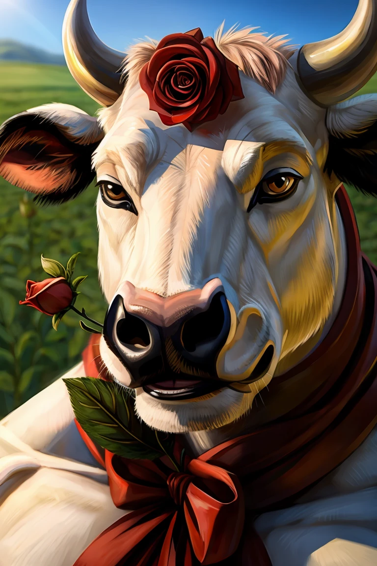 Cow portrait close up, anthropomorphic bull, Horns, Rose，vine，Wrapped around the bull&#39;s head