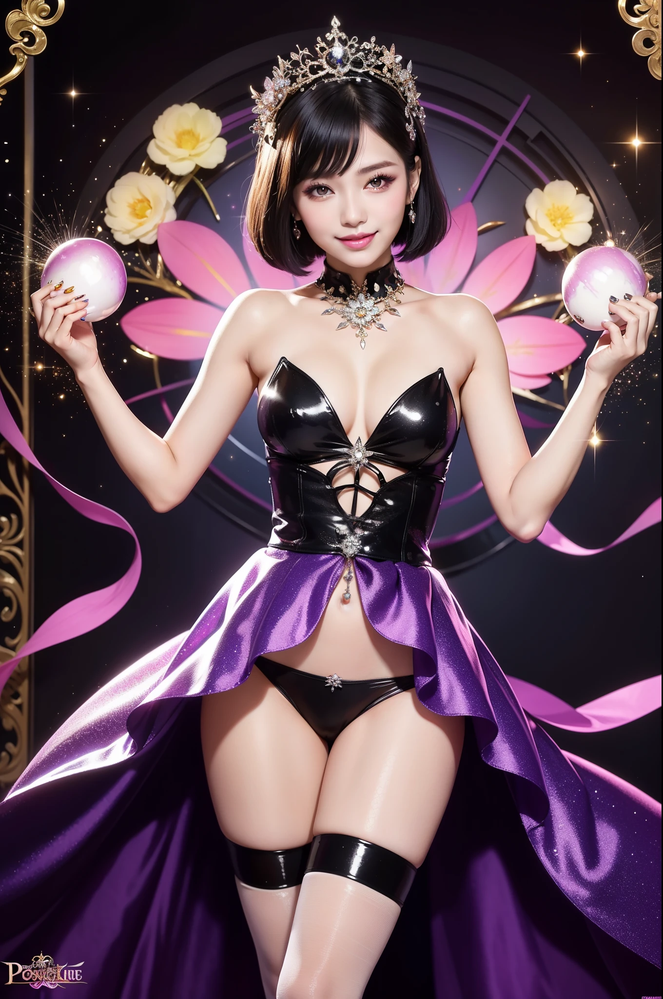 sexy Thai model who controls poison、smiling face、lipgloss、long lashes、gothic makeup、look at the camera、full body Esbian、、sparkling poisoned flower costume、、、、sparkling Colorful short hair、secrete poison、skull hair accessories、ultra detailed tights、shiny sparkling flowers background