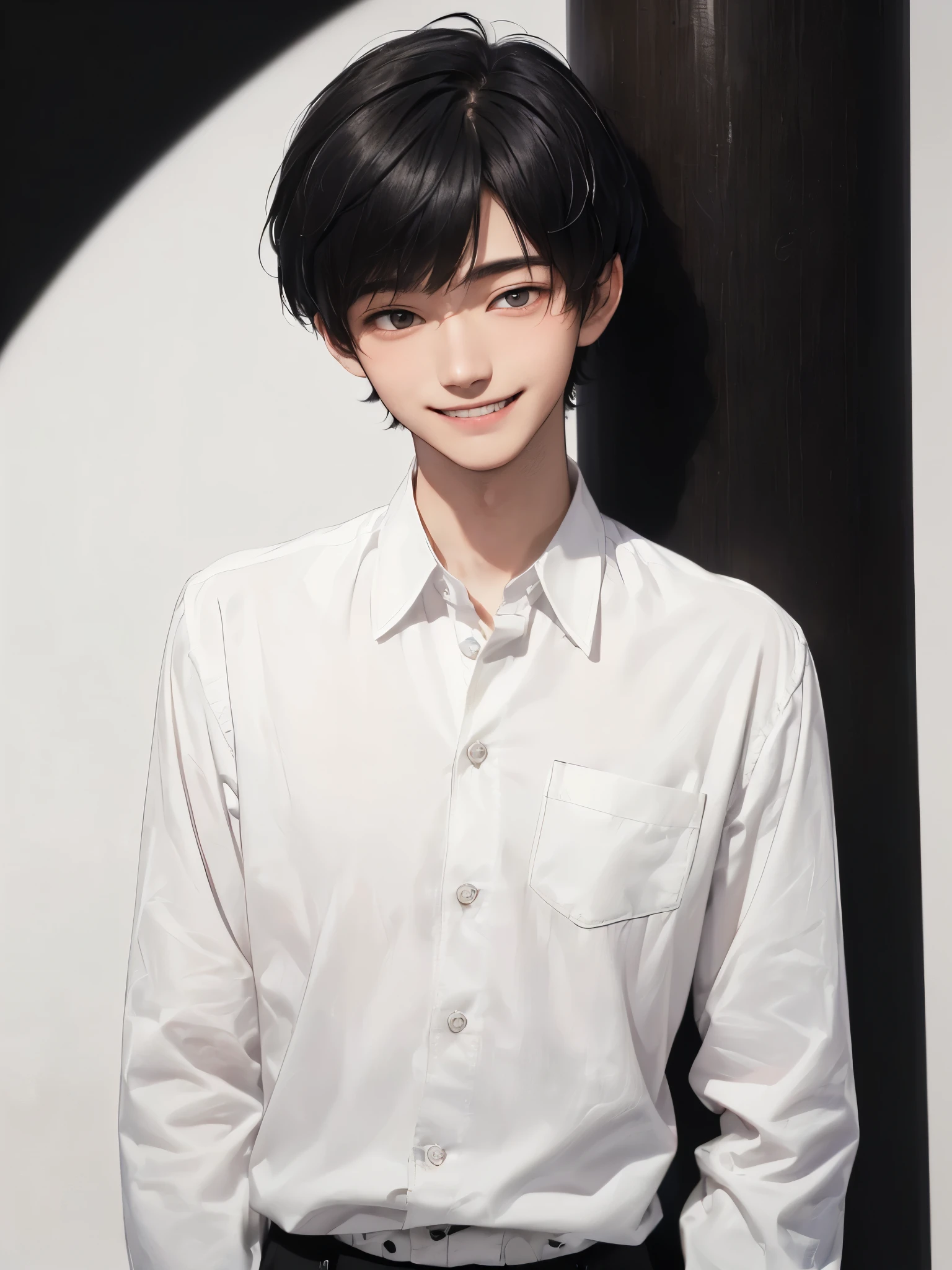 (((Masterpiece))), (high quality), one Japanese boy, 18 years old,(tall and thin,sleepy droopy eyes, long face, (thin cheeks:1.2),black shaggy short hair,blank expression,smile:1.5),(White shirt,Long sleeve,Black trousers:1.5),(Plain background:1.5)
