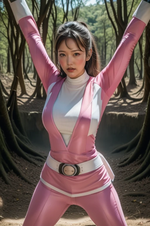 pink theme，pink ranger suit、curvy, big breats, full body, tied on Saint Andrew's cross in X position, screaming in pain, crying, eyes are closed tight