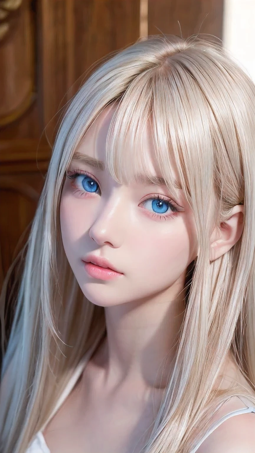 Highest quality、masterpiece、Ultra-high resolution、(Photorealistic:1.4)、1 Girl、14 years old、The ultimate beautiful girl、Very beautiful shiny light pale blonde hair、Super long straight silky hair、bangs over eyes、片bangs over eyes、Blonde hair between the eyes、Blonde hair hanging in the center of the face、Big, very bright, pale blue eyes that shine beautifully、Very big bright eyes、Eye highlights、shoulder、Charm、Looking at the camera、Very white and bright skin、Small Face Beauty、Round face、A shy, gentle and bright expression、Looking up、Cheek gloss highlighter