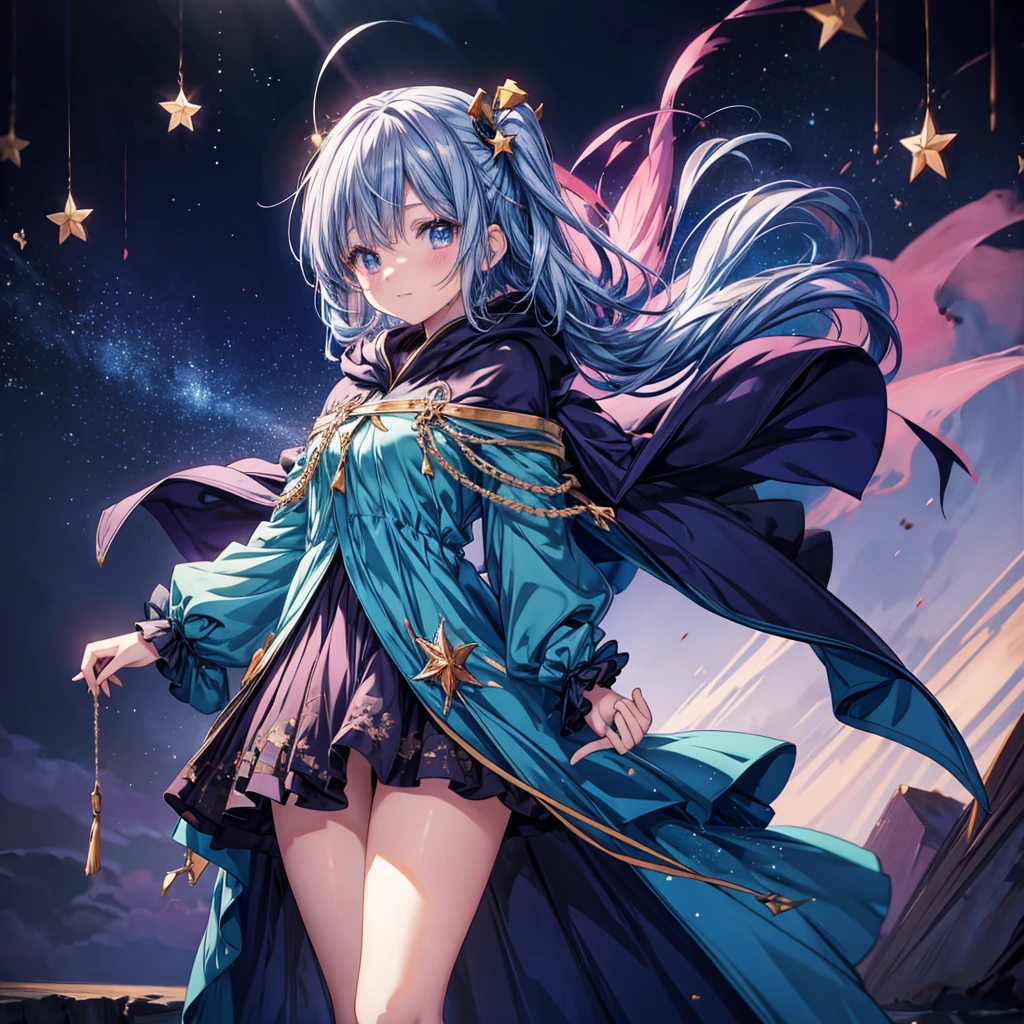 Anime girl in a blue dress with stars in the background, Anime Moe Art Style, Official Artwork, I also make fan art, From desire, Official Art, Akasuki Void Star, Hololive, Anime cloak, [[[[smile wickedly]]]], 8K!!, Oriental Project, Splash art anime