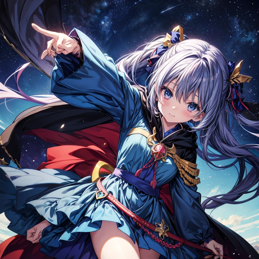 Anime girl in a blue dress with stars in the background, Anime Moe Art Style, Official Artwork, I also make fan art, From desire, Official Art, Akasuki Void Star, Hololive, Anime cloak, [[[[smile wickedly]]]], 8K!!, Oriental Project, Splash art anime