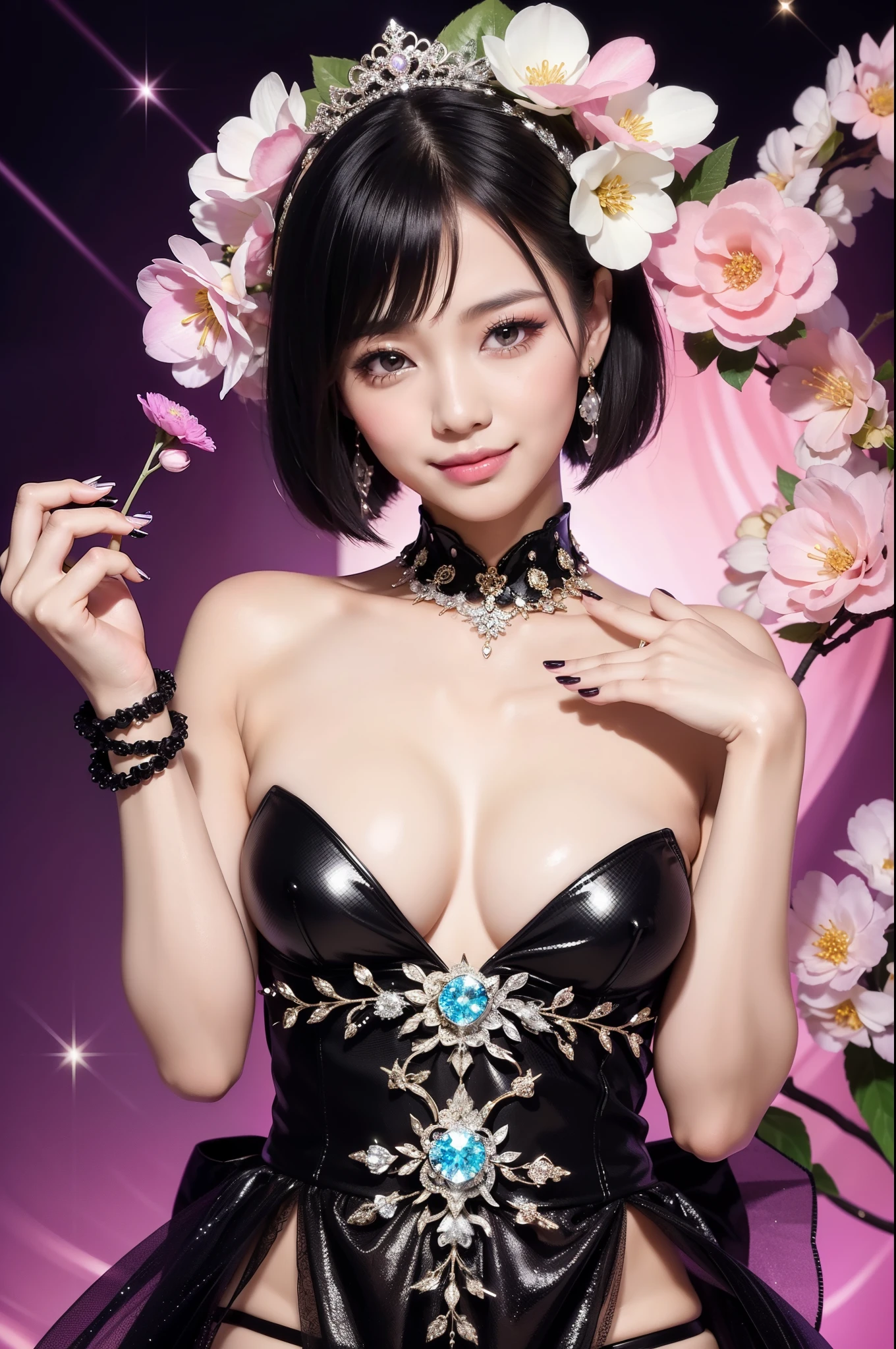 sexy Thai model who controls poison、smiling face、lipgloss、long lashes、gothic makeup、look at the camera、full body Esbian、、sparkling poisoned flower costume、、、、sparkling Colorful short hair、secrete poison、skull hair accessories、ultra detailed tights、shiny sparkling flowers background