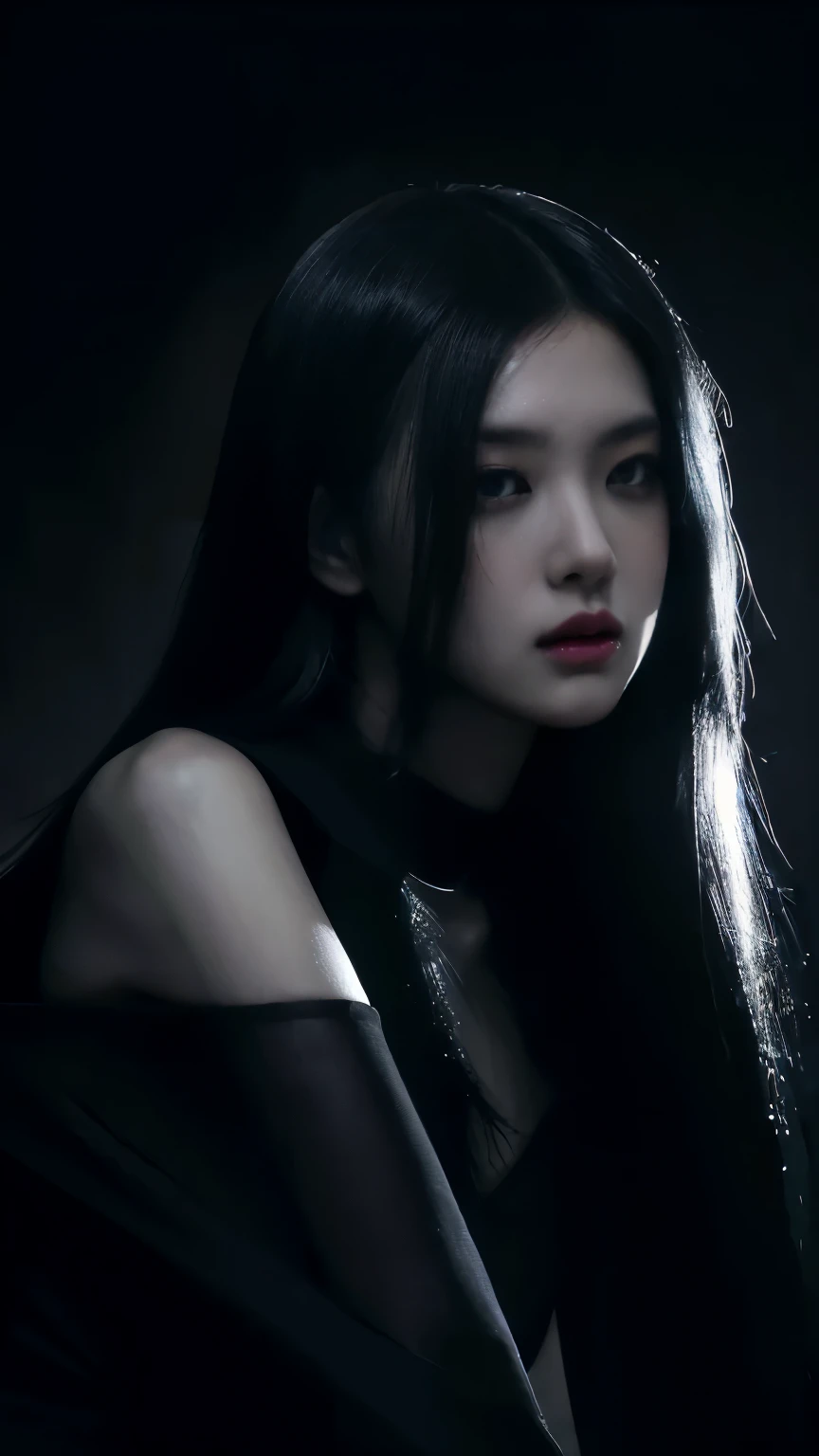 (best quality, highres:1.2), realistic, black dress, black hair, dark theme, black background, dark ninja, intense gaze, elegant posture, flowing dress, detailed facial features, long eyelashes, contrast, fine details, dramatic atmosphere, gothic style, intense emotions, monochrome color palette, captivating setting, haunting beauty, artistic photography, everything is black