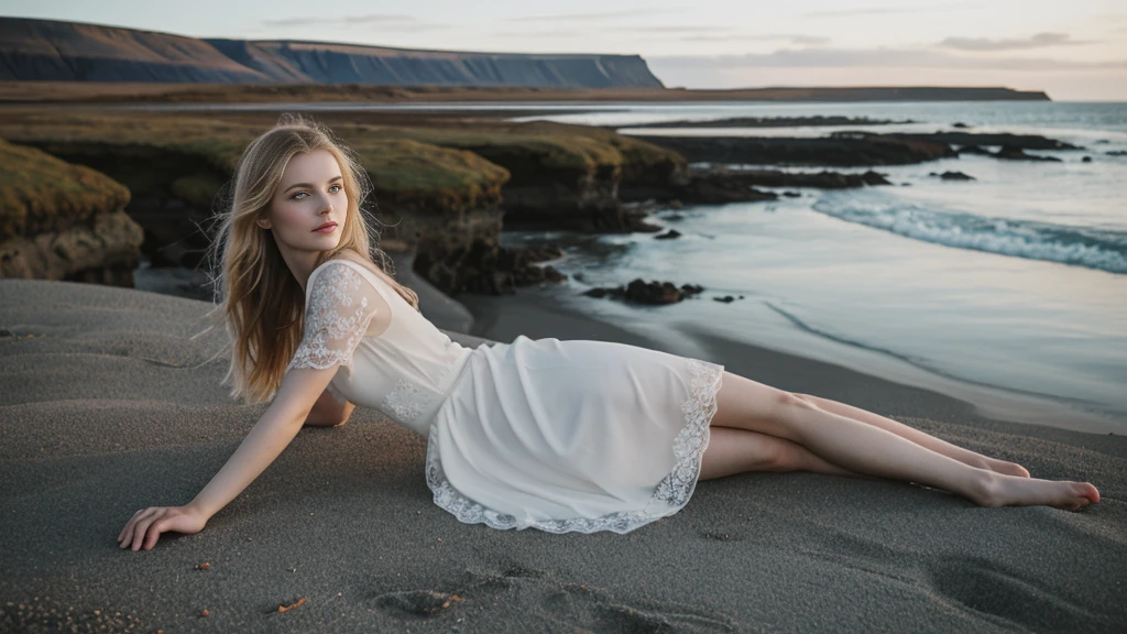 an icelandic woman with beautiful Delicate eyes, Beautiful and delicate lips, Extremely detailed face and skin, Pale skin, 23 years old,Wearing a silk dress, medium long shot, Sitting on the beach by the sea, beautiful, natural posture,Beautiful light and shadow,panoramic view, (long legs), (full body portrait). Beautiful photography,Long eyelashes, Good anatomy , Practical skin texture, Delicate eyes, professional, 4K, Wide-angle lens, Optical Depth of Field, Kodak Vision Color, Perfectly proportioned body, Extremely detailed, ultra-photoPractical, Practical, Post-Processing, Maximum details, Roughness, real life, ultra -Practical, Photorealism, photography, 8K Ultra HD, photography
