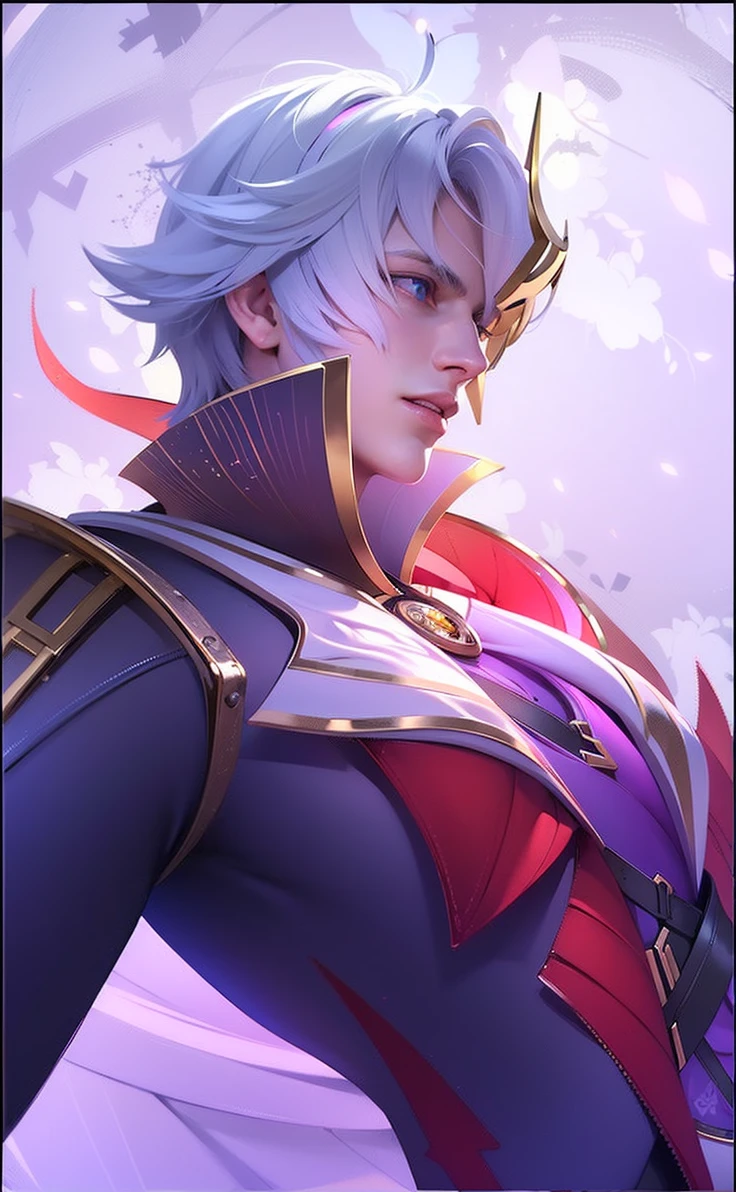 masculine male, masterpiece, ((perfect eyes)) best quality, (semirealism:1.9), beautiful lighting, (extremely detailed CG unity 4k fhd wallpaper), High Detail, Sharp focus, dramatic outdoors, 1 boy ,19 years old, white hair, light purpel eyes, smile.