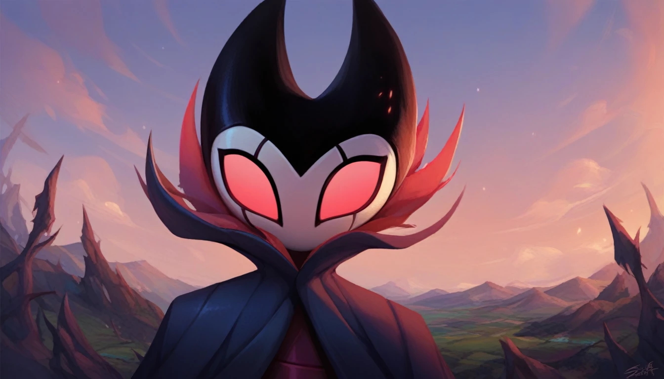 score_9, score_8_up, score_7_up, score_6_up, zPDXL2, grimm \(hollow knight\), vampire, bat, 1boy, solo, cute face, detailed eyes, landscape, outdoor, (solo portrait), (front view), clothed, highlight thighs, looking to the camera 