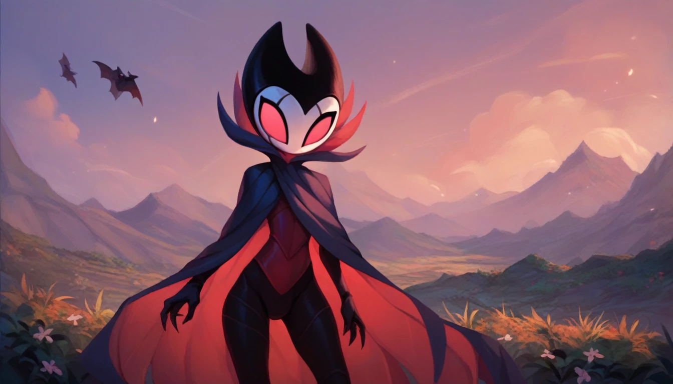 score_9, score_8_up, score_7_up, score_6_up, zPDXL2, grimm \(hollow knight\), vampire, bat, 1boy, solo, cute face, detailed eyes, landscape, outdoor, (solo portrait), (front view), clothed, highlight thighs, looking to the camera 