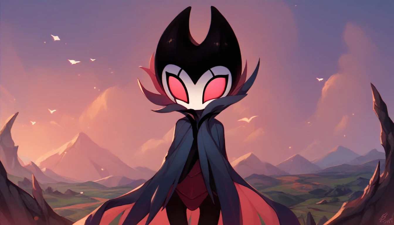 score_9, score_8_up, score_7_up, score_6_up, zPDXL2, grimm \(hollow knight\), vampire, bat, 1boy, solo, cute face, detailed eyes, landscape, outdoor, (solo portrait), (front view), clothed, highlight thighs, looking to the camera 