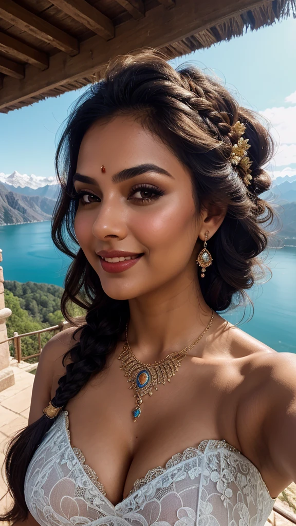 selfie, extreme close up photo of Latina indian, hourglass figure, swooping big breasts, sexy armpits, seducing on mountains, French braid hair, necklace, sultry, look at viewer and subtle smile, blue lace strapless night dress, (cinematic:1.3), intricate details, (ArtStation:1.2)