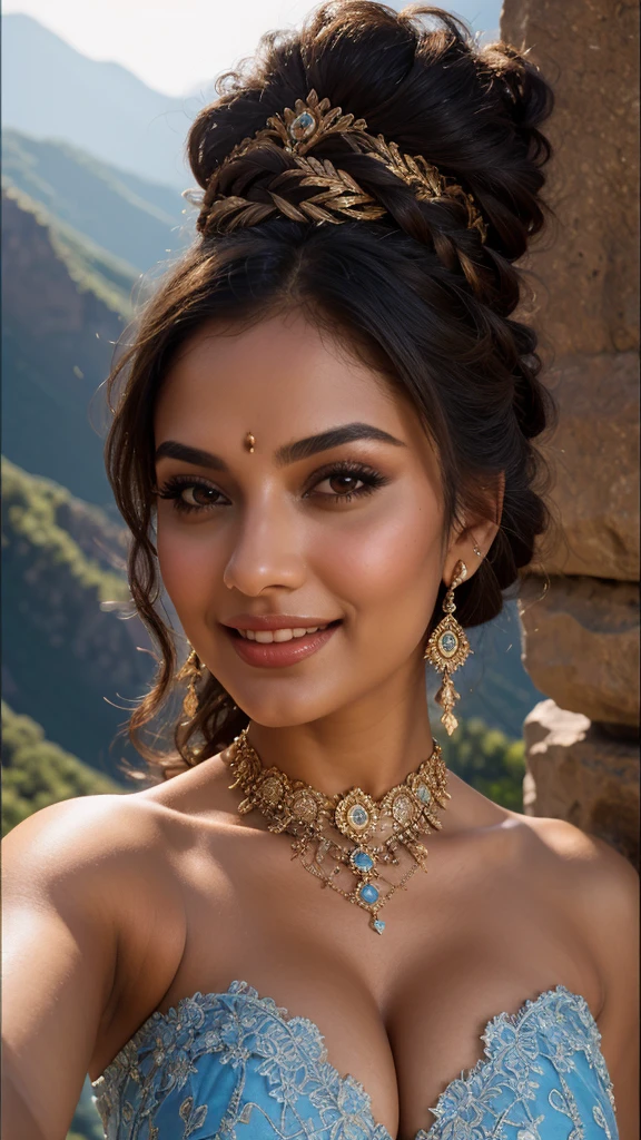 selfie, extreme close up photo of Latina indian, hourglass figure, swooping big breasts, sexy armpits, seducing on mountains, French braid hair, necklace, sultry, look at viewer and subtle smile, blue lace strapless night dress, (cinematic:1.3), intricate details, (ArtStation:1.2)