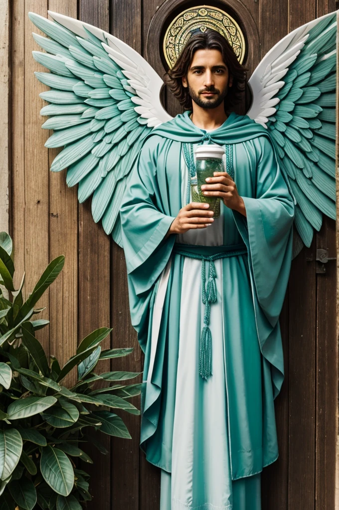 An Archangel Gabriel with large aqua green and white wings drinking Mate from missions with a bulb and a packet of yerba mate in his hand and lanxas