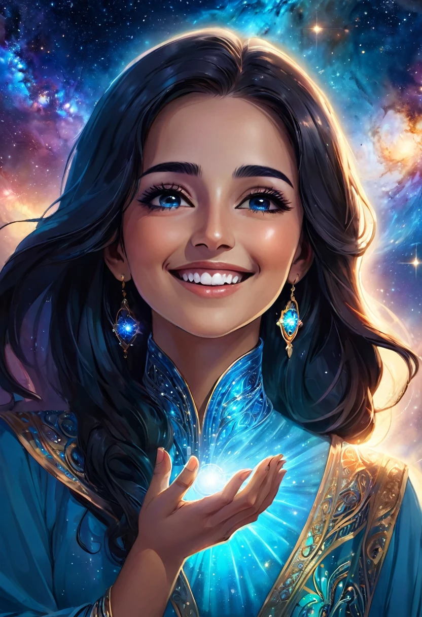 The center of the throat glows blue, a beautiful Arabian woman, she gently places her hand on her throat and smiles, healing power, the background is a galaxy
